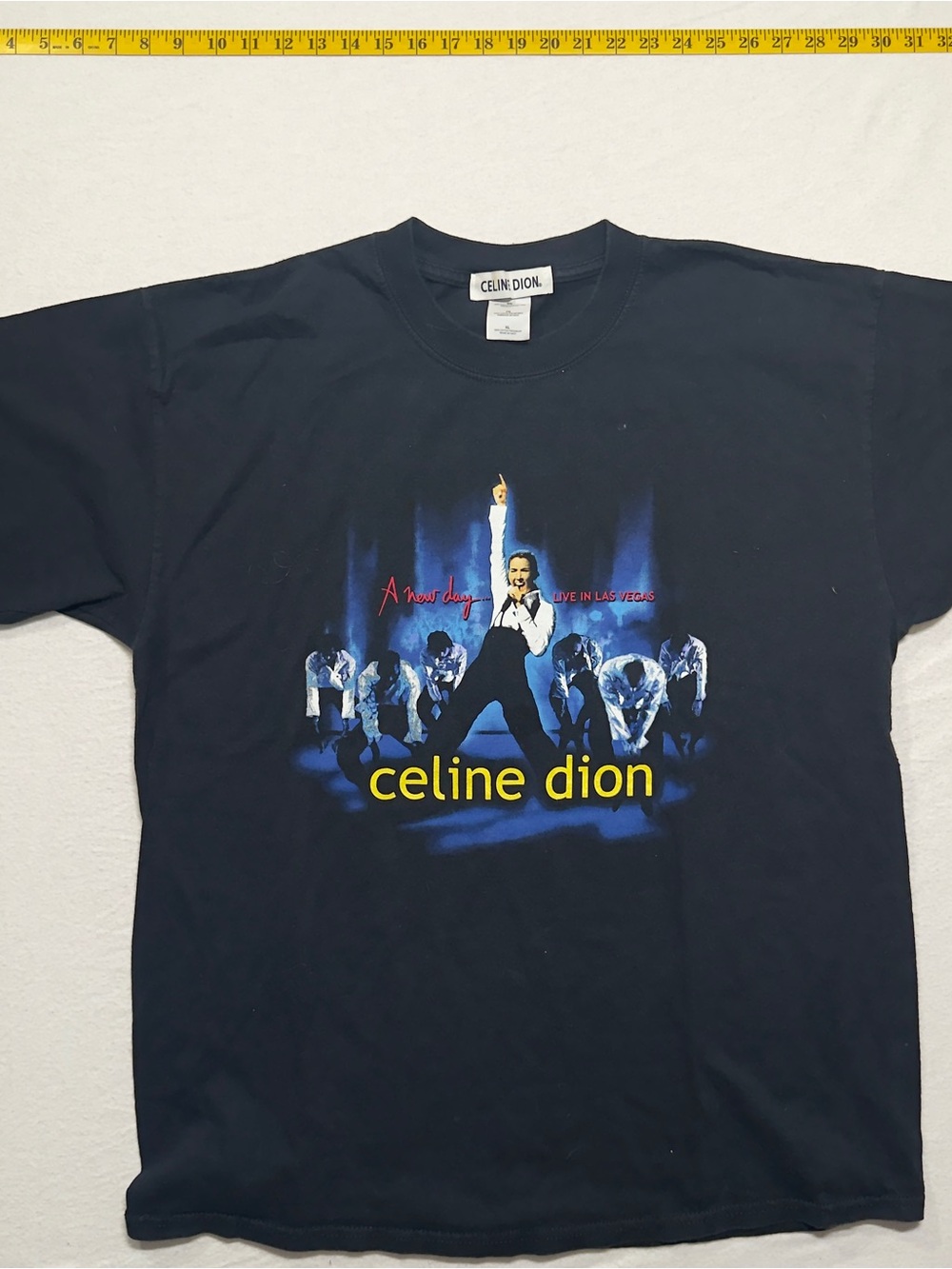 Vintage Celine Black Tee with Yellow Logo and Blue Concert Graphic